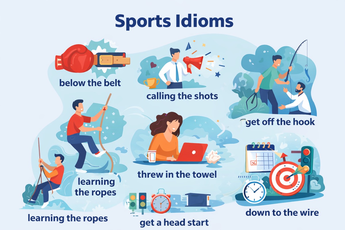 Ilustração vetorial mostrando elementos de diferentes esportes representando expressões idiomáticas em inglês.