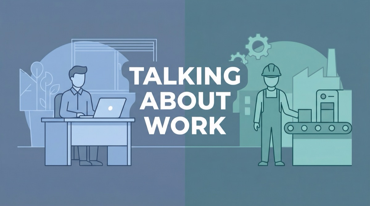Ilustração vetorial moderna mostrando um escritório e uma fábrica lado a lado, com o título Talking About Work ao centro.