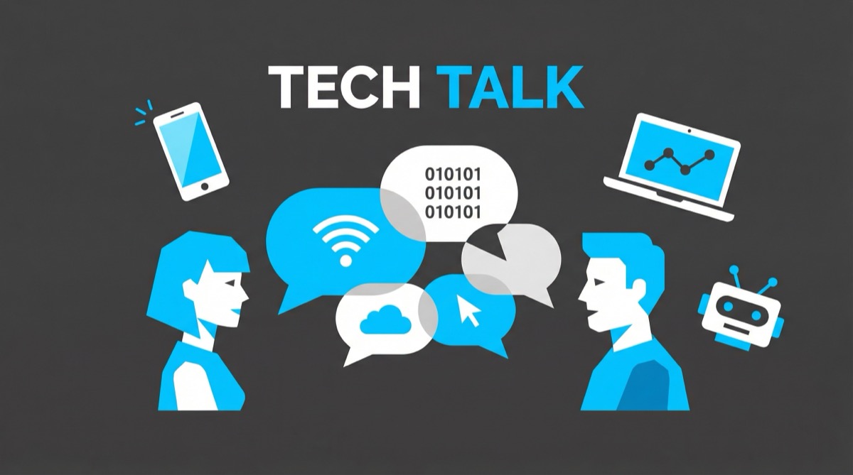Ilustração vetorial de pessoas conversando cercadas por ícones de tecnologia como celulares e computadores.
