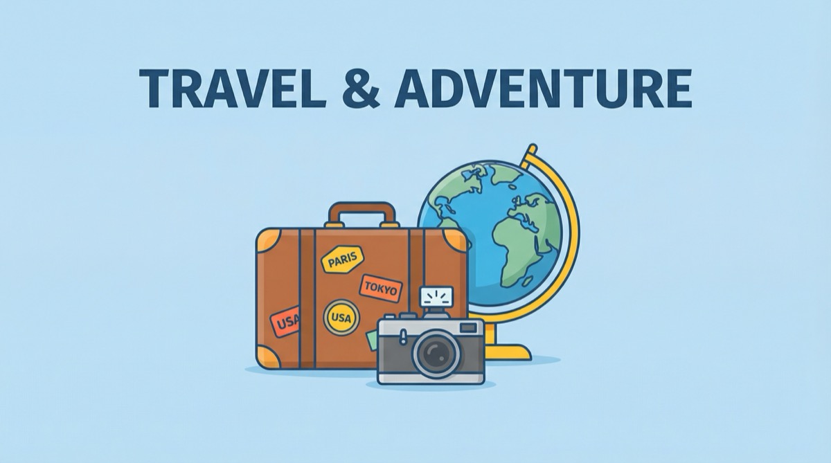 Ilustração vetorial moderna exibindo uma mala de viagem, um globo e uma câmera, com o texto TRAVEL & ADVENTURE em destaque.