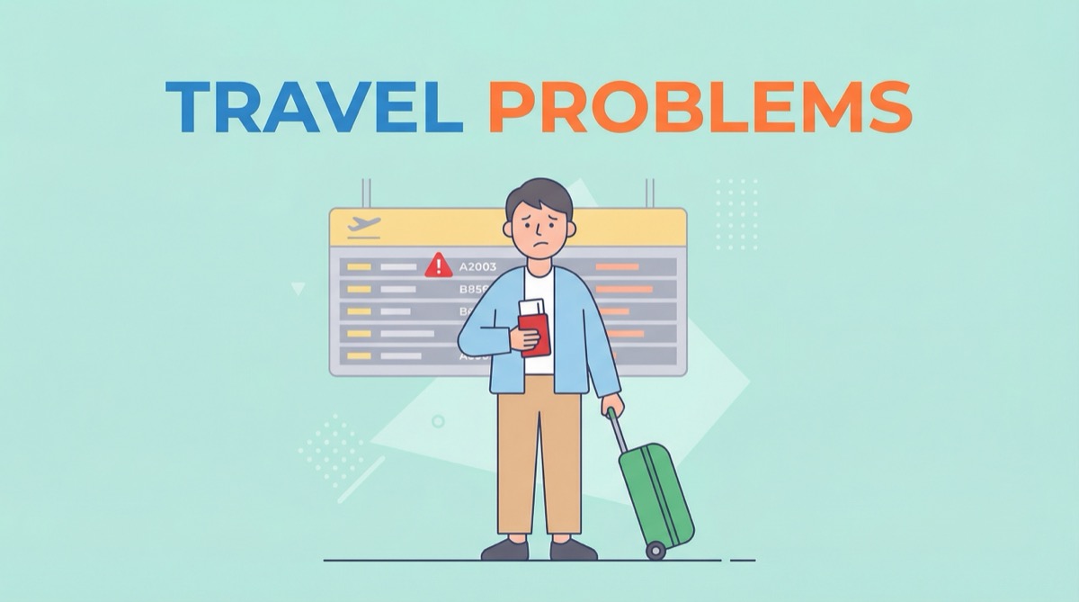 Ilustração vetorial moderna de um viajante com dúvidas no aeroporto e o título Travel Problems.
